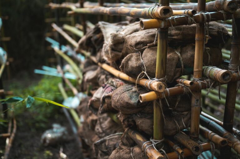 Burlap sacks organized in a rustic bamboo structure. A natural, earthy composition outdoors.